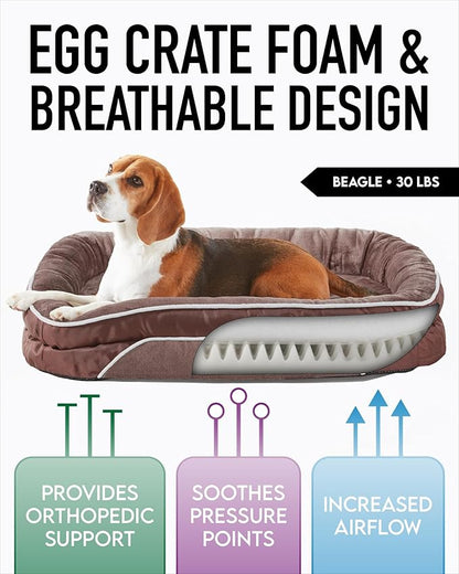 Orthopedic Dog Bed for Large Dogs, Dog Couch Design with Egg Foam Support, Removable, Machine Washable Plush Cover and Non-Slip Bottom with Four Sided Bolster Cushion (Brown)