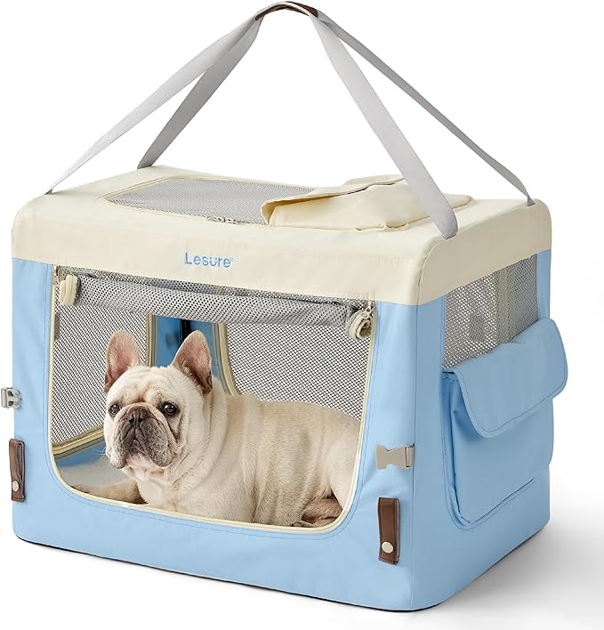 Lesure Collapsible Travel Dog Crate for Small Dogs, Portable Soft Dog Crate for Outdoor & Indoor, Folding Fabric Dog Kennel with Handle, 28 Inch Heavy Duty Pet Carrier (Blue)