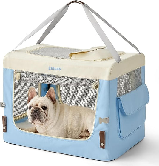 Lesure Collapsible Travel Dog Crate for Small Dogs, Portable Soft Dog Crate for Outdoor & Indoor, Folding Fabric Dog Kennel with Handle, 28 Inch Heavy Duty Pet Carrier (Blue)