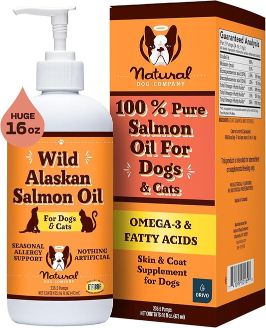 Natural Dog Company Pure Wild Alaskan Salmon Oil for Dogs (16oz) Skin & Coat Supplement for Dogs, Dog Oil for food with Essential Fatty Acids, Fish Oil Pump for Dogs, Omega 3 Fish Oil for Dogs