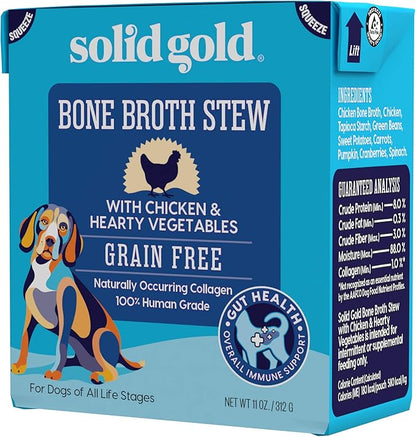 Solid Gold Bone Broth Stew - Dog Food Topper & Dog Treat Rich in Natural Collagen for Gut Health - Grain Free Formula Packed with Protein & Hearty Vegetables - Great for Picky Eaters - 6 Pack