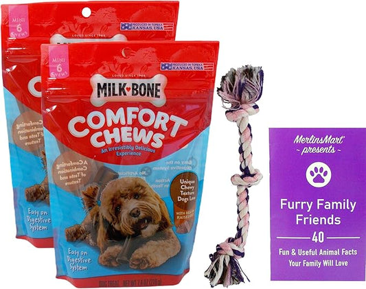 Milk-Bone Comfort Chews Dog Treats | Mini Sized for Small Pups - Beef (6-Count) | 2-Pack - Plus Rope Toy and Fun Animal Facts Booklet Bundle