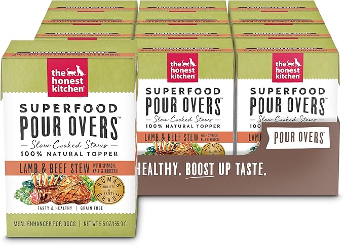 Honest Kitchen The Superfood Pour Overs Lamb & Beef Stew and Salmon Stew Wet Dog Food Toppers (12 Pack), 5.5 oz
