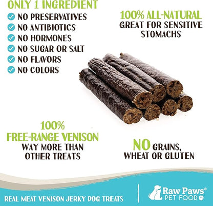 Raw Paws Wild-Caught Venison Treats for Dogs, 6-oz - Packed in USA - Real Meat Venison Jerky Dog Treats Free-Range Venison Dog Jerky Treats - All-Natural, Grain, Corn & Soy Free Venison Dog Treats