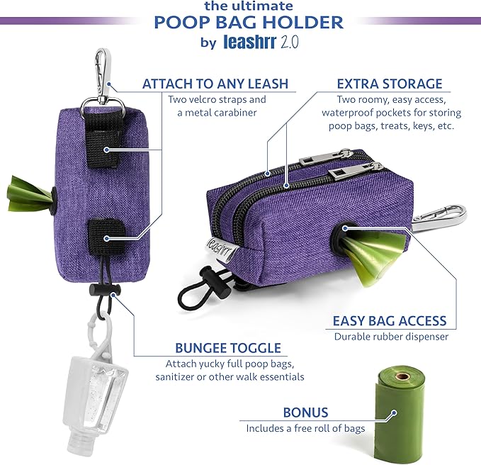 Dog Poop Bag Dispenser and Treat Holder for All Leashes. 2 Waterproof Pouches for Pet Waste Bags and Dog Walking Accessories + 1 Free Roll. Leashrr 2.0 (Black)