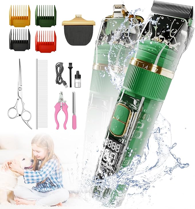 Dog Clippers for Grooming Low Noise, Dog Paw and Hair Trimmer with 3-Speed Digital Display, Detachable Waterproof Dog Trimmer for Grooming, Rechargeble Pet Grooming Clippers for Dogs Professional
