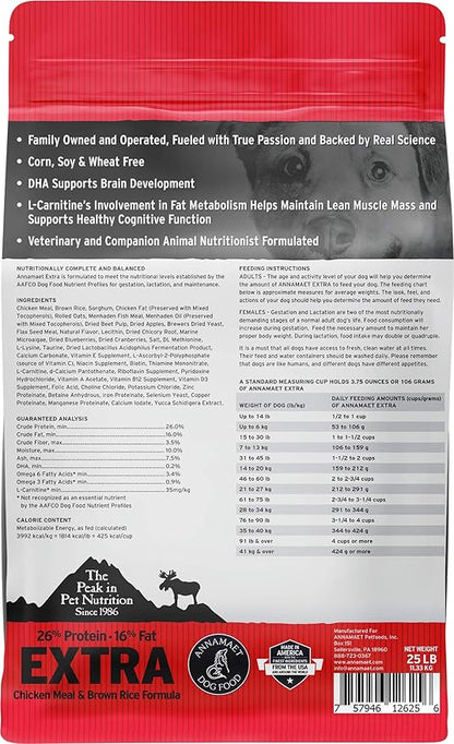 Annamaet Original Extra Formula Dry Dog Food, 26% Protein (Chicken & Brown Rice), 25-lb Bag