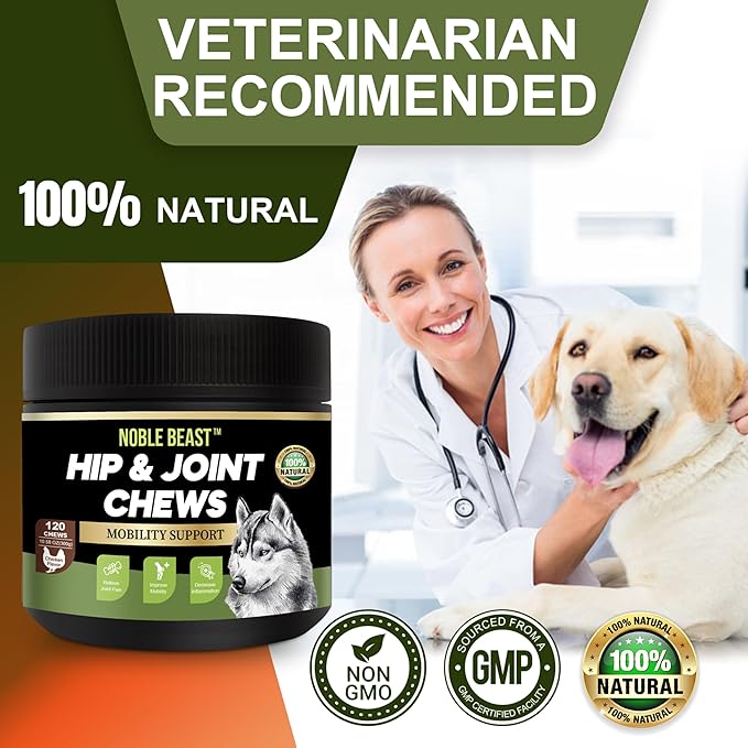 Noble Beast Mobility Support Chews Dog Joint Supplement - Hip and Joint Care for Dogs - All Natural with Glucosamine, Chondroitin, MSM & Hemp for Dog Joint Relief - Chicken Flavor – 120 Count