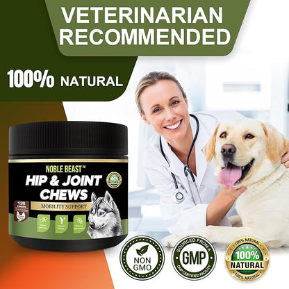 Noble Beast Mobility Support Chews Dog Joint Supplement - Hip and Joint Care for Dogs - All Natural with Glucosamine, Chondroitin, MSM & Hemp for Dog Joint Relief - Chicken Flavor – 120 Count