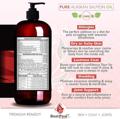 Pure Wild Alaskan Salmon Oil for Dogs & Cats Skin and Coat - Fish Oil Liquid with Pump - Supports Joint Function, Immune & Heart Health - Omega 3 Liquid Food Supplement - All Natural EPA + DHA - 32oz