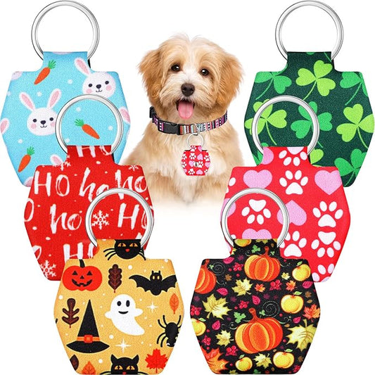 6 Pieces Dog Tag Holder Portable Pet ID Tag Soundless Dog Tag Silencer Bag Dog Tag Cover with Rings Quiet Dog Tag Bag Protector for Dogs Cats Pets (Festival Style)