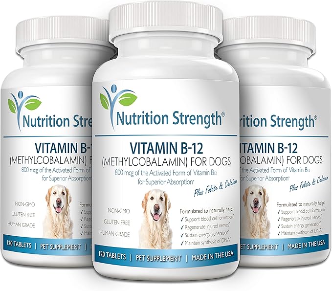 Vitamin B12 for Dogs Plus Folate & Calcium, Support the Nervous System & Blood Cell Formation, Help Sustain Cellular Energy Generation & Maintain DNA Synthesis, 120 Chewable Tablets