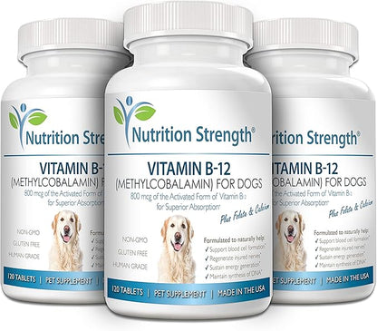 Vitamin B12 for Dogs Plus Folate & Calcium, Support the Nervous System & Blood Cell Formation, Help Sustain Cellular Energy Generation & Maintain DNA Synthesis, 120 Chewable Tablets