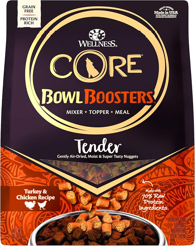 Wellness CORE Natural Grain Free Bowl Boosters Tender Dog Food Mixer Or Topper (Turkey & Chicken Recipe, 2-Pound Bag)