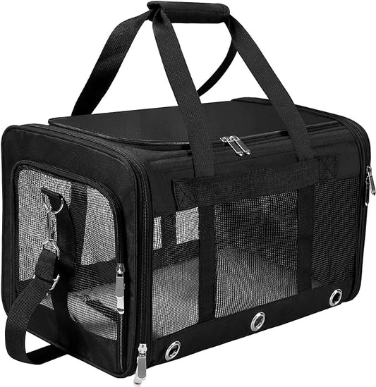 Soft Sided Cat/Dog Carrier,Collapsible Pets Travel Carriers for Pet/Puppy with Shoulder Strap & Removable Mat,Mesh Top Load Small Dogs/Cats Carry Bag Up to 25 Lbs（Black,L）
