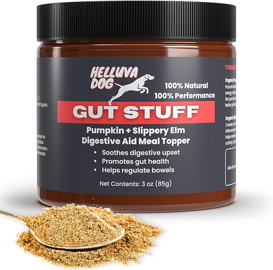 GUT STUFF by Helluva Dog — Digestive Aid Meal Topper for Active Sporting Dogs — Pumpkin & Slippery Elm for Dog's Upset Stomach & Better Gut Health, Packed with Fiber - 3oz