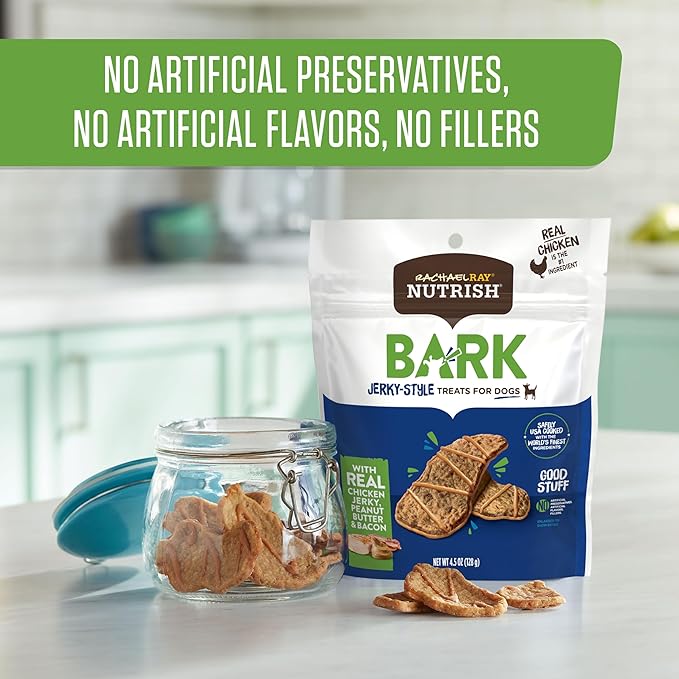Nutrish Rachael Ray Bark Jerky-Style Dog Treats with Real Chicken Jerky, Peanut Butter & Bacon, 28 Ounce (Pack of 1)
