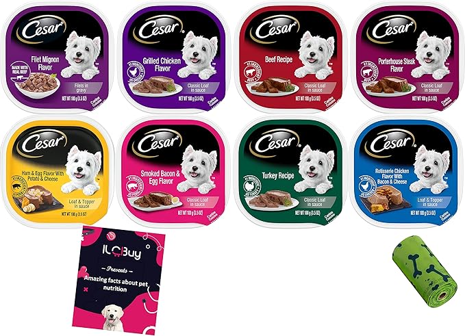 Cesar Soft Wet Dog Food Classic Bundle with 08 Flavors(1 Unit Each Flavor) . Total Units .Bundle a 1 roll Green Bone Waste Bag., 3.5 Ounce (Pack of 8)