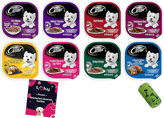 Cesar Soft Wet Dog Food Classic Bundle with 08 Flavors(1 Unit Each Flavor) . Total Units .Bundle a 1 roll Green Bone Waste Bag., 3.5 Ounce (Pack of 8)