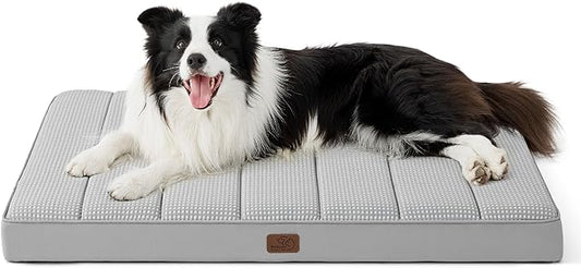 Bedsure Cooling Gel Foam Dog Bed for Large Dogs, Waterproof Orthopedic Egg Foam Dog Bed for Outdoor, Summer Comfort Pet Mats for Crate with Washable Cover(35"x22", Grey)