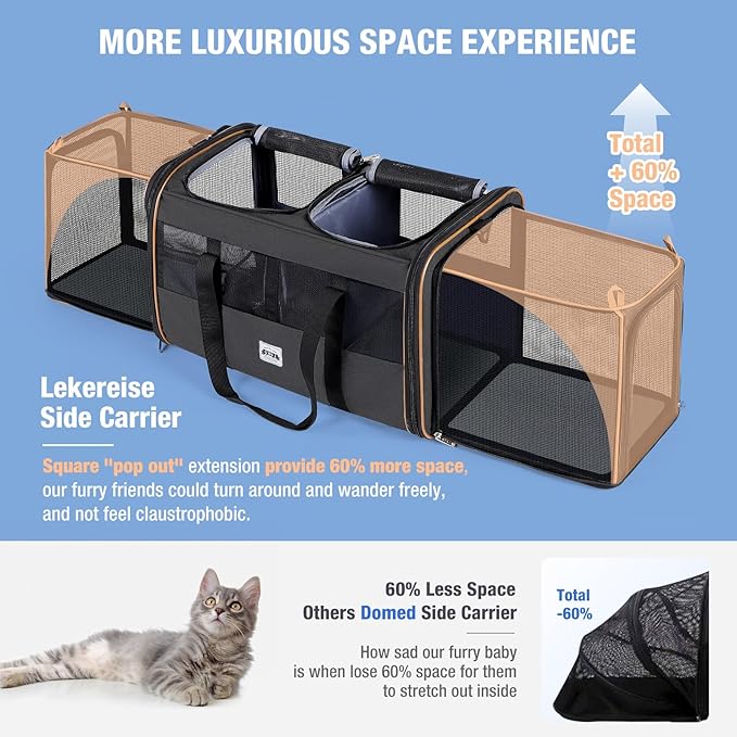 Lekereise Cat Dog Carrier with Wheels for 2 Cats, Expandable Double Cat Carrier with Wheels, Large Rolling Pet Carrier, Wheeled Pet Carrier with Telescopic Handle, Black