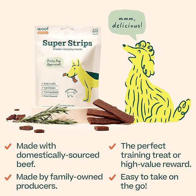 WOOF Super Strips, Protein-Rich Dog Treats, Beef Jerky for Dogs, Training Treats or Meal Booster, Made in The USA