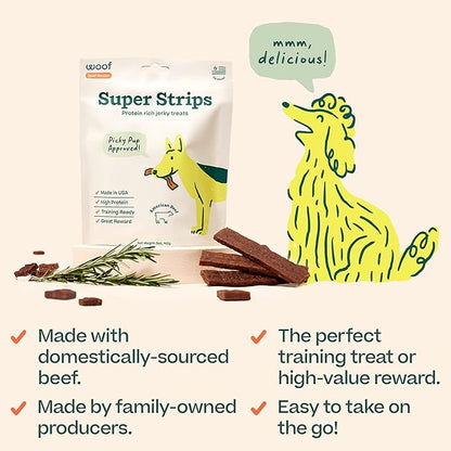 WOOF Super Strips, Protein-Rich Dog Treats, Beef Jerky for Dogs, Training Treats or Meal Booster, Made in The USA