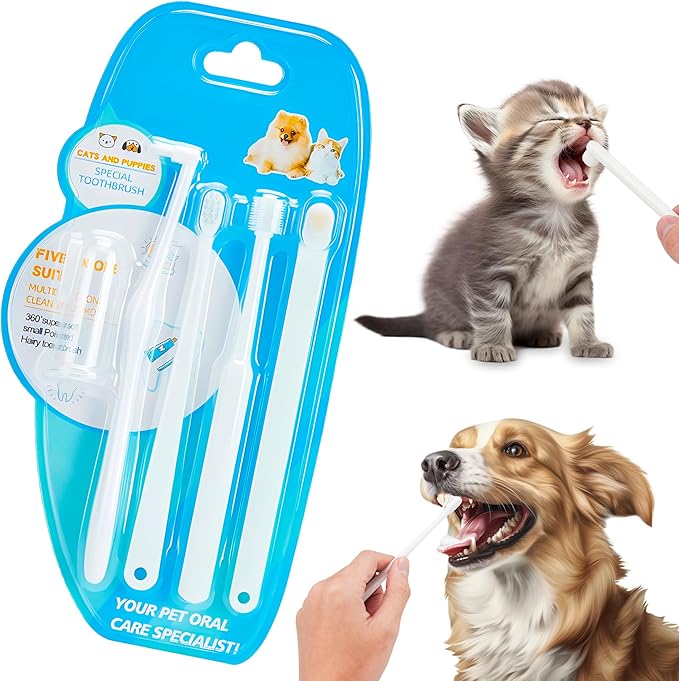 5-in-1 Cat Toothbrush Kit, Dog Toothbrush Kit,5 in 1 Multi-function（Soft brush, hard brush, 360° brush, pointed brush, finger brush）Pet Toothbrush，Dental care and cleaning for dogs and cats