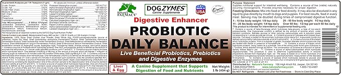 Dogzymes Probiotic Daily Balance - supplies nutritional support and live microorganisms for intestinal well-being as well as enzymes for proper digestion. Liver and Egg base. (1 pound)