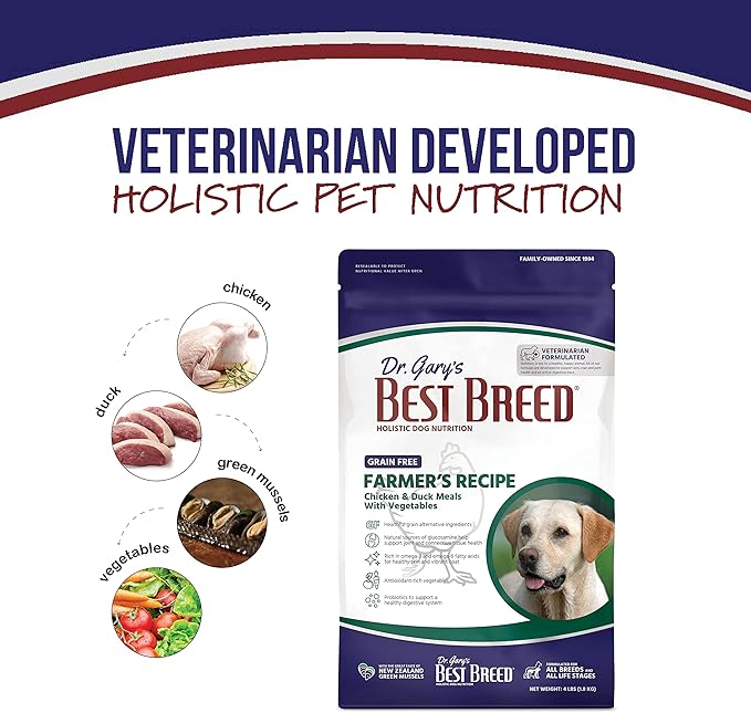 Best Breed Dr. Gary's Grain Free Farmer's Recipe Slow-Cooked in USA, Natural Dry Dog Food for All Breeds and Sizes, 4lbs.