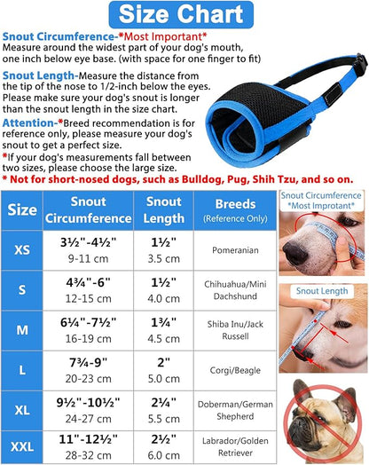 LUCKYPAW Dog Muzzle Anti Biting Barking and Chewing with Comfortable Mesh Soft Fabric and Adjustable Strap, Suitable for Small, Medium and Large Dogs(Blue Trim,S)