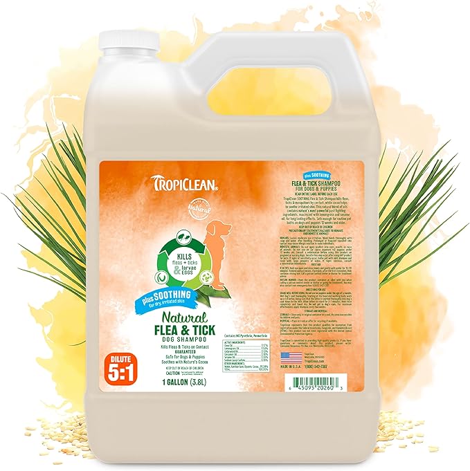 TropiClean Soothing Natural Flea and Tick Dog Shampoo | Natural Flea and Tick Prevention for Dogs | Made in the USA | 1 Gallon