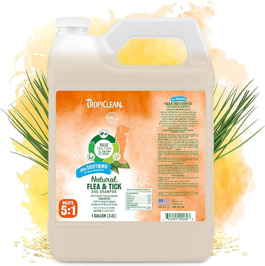 TropiClean Soothing Natural Flea and Tick Dog Shampoo | Natural Flea and Tick Prevention for Dogs | Made in the USA | 1 Gallon