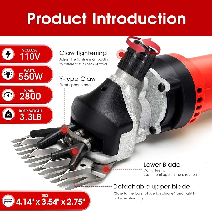 Sheep Shears Electric 550W - Upgraded Professional Sheep Clippers One Blade, 6 Speed Heavy Duty Livestock Haircut for Grooming Sheep Goats Large Dog Thick Coats Animals No Lubricant(Red)