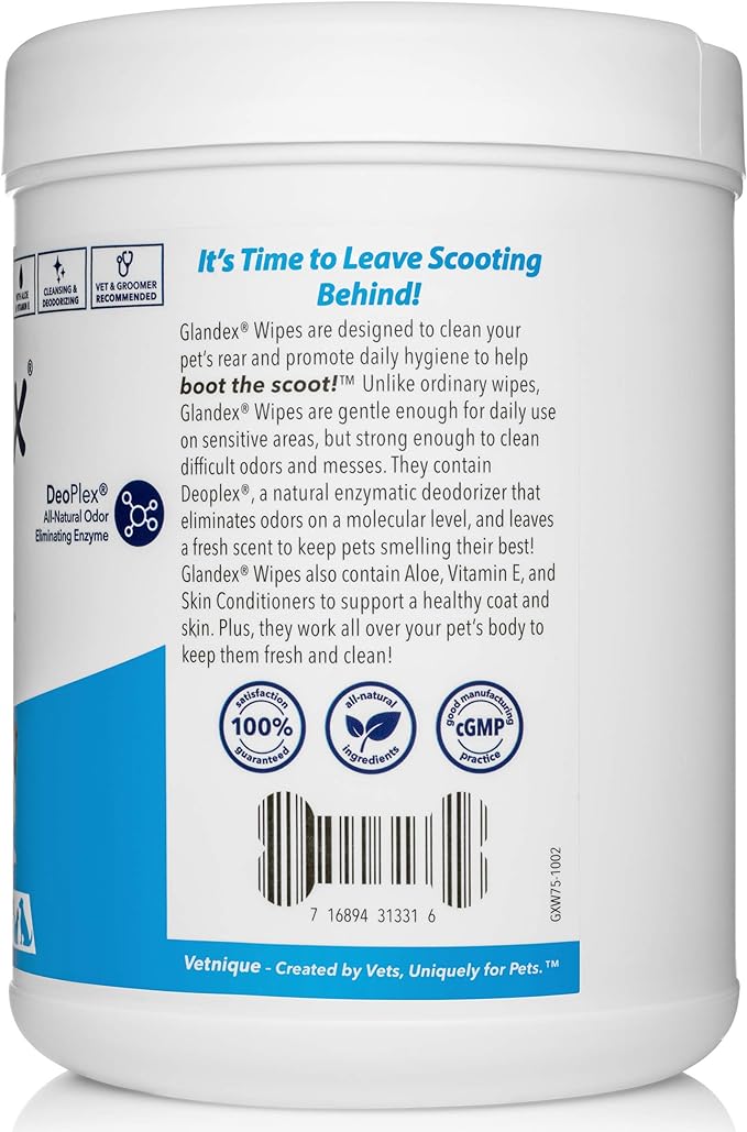 Vetnique Labs Glandex Dog Wipes for Pets Cleansing & Deodorizing Anal Gland Hygienic Wipes for Dogs & Cats with Vitamin E, Skin Conditioners and Aloe (75ct)