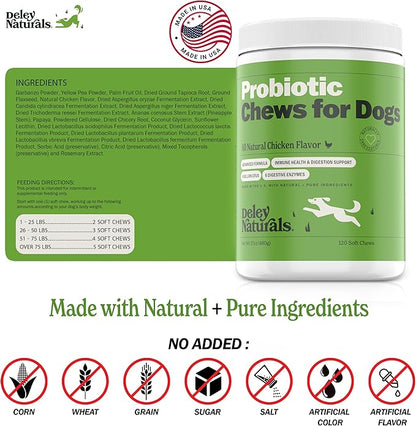 Deley Naturals Probiotics for Dogs - 120 Grain Free Chicken Soft Chews - 4 Billion CFU's, Digestive Enzymes, Prebiotics - Dog Allergies, Diarrhea, Bad Dog Breath, Constipation, Gas, Yeast- Made in USA