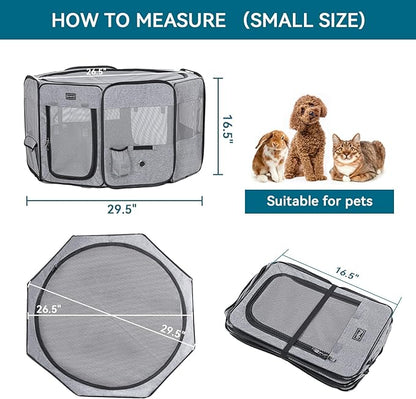 Petsfit Puppy Dog Playpen Indoor, Small Playpen for Dogs Cat Playpen Outdoor, Portable with Carrying Case, Removable Zipper Sealed Cover Playpen Mat Grey Small (29.5"x29.5"x16.5"H)