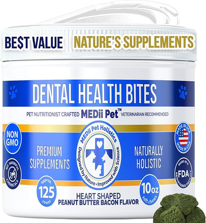 Dog Dental Bites: Tartar and Plaque Remover, Breath Freshener, Dog Dental Treats Comparable to Greenies and Dentastix, Ideal for Teeth Cleaning, Suitable for All Dogs. Large Jar 125 Pieces.