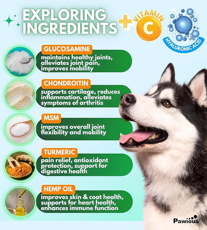 Hip and Joint Chews for Dogs - Glucosamine for Dogs - Dog Joint Pain Relief - Chondroitin, MSM, Turmeric, Hemp Oil Treats - Advanced Support Dog Joint Supplement Health - Mobility Bites