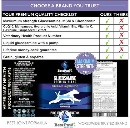 Best Paw Nutrition - Unflavored Liquid Glucosamine for Dogs & Cats - Chondroitin, MSM, Hyaluronic Acid - Dog Arthritis Home Remedy - Joint Supplement for Hip & Joint Pain Relief Pets Love - 32oz