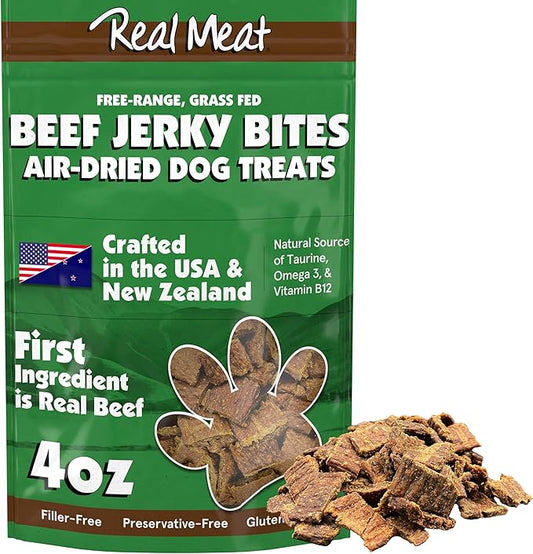 Real Meat Dog Treats - 4oz Bag of Bite-Sized Air-Dried Beef Jerky for Dogs - Grain-Free Jerky Dog Treats Made up of 95% Human-Grade, Free-Range, Grass Fed Beef - All-Natural High Protein Dog Treats