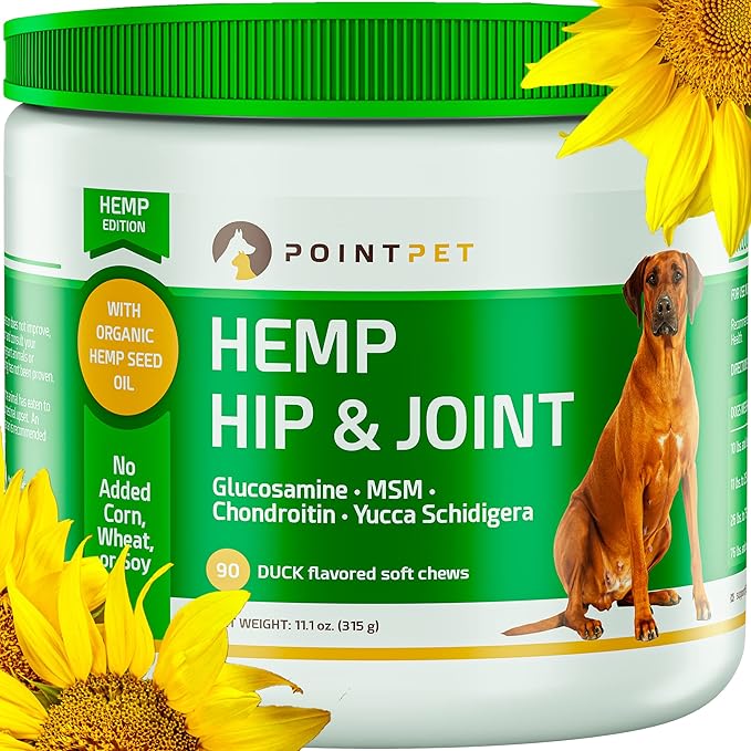 Hemp Hip and Joint Supplement for Dogs with Hemp Oil, Glucosamine Chondroitin, MSM, Omega 3&6, Promotes Healthy Normal Cartilage Development and Healthy Joints