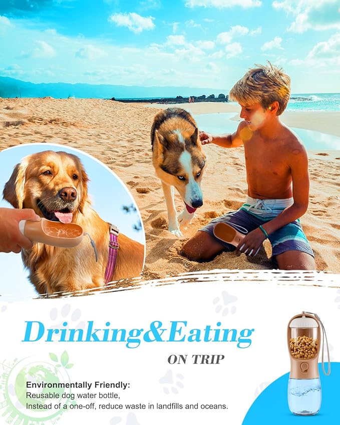 Dog Water Bottle 2 in 1, Leak Proof Portable Pet Water Bottle with Food Container, Outdoor Portable Water Dispenser for Dog, Puppy Supply for Walking, Hike, Camping, Travel(10oz Orange Pink)