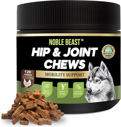 Noble Beast Mobility Support Chews Dog Joint Supplement - Hip and Joint Care for Dogs - All Natural with Glucosamine, Chondroitin, MSM & Hemp for Dog Joint Relief - Chicken Flavor – 120 Count