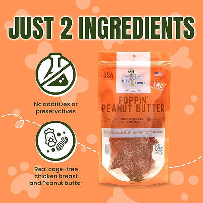 Gourmet Jerky Dog Treats - Natural Dog Treat Chicken Jerky for Dogs, Nutritious and Tasty Dog Jerky Treats Made in USA only, Cage-Free, No Additives (Mika & Sammy's Poppin' Peanut Butter 12 oz)