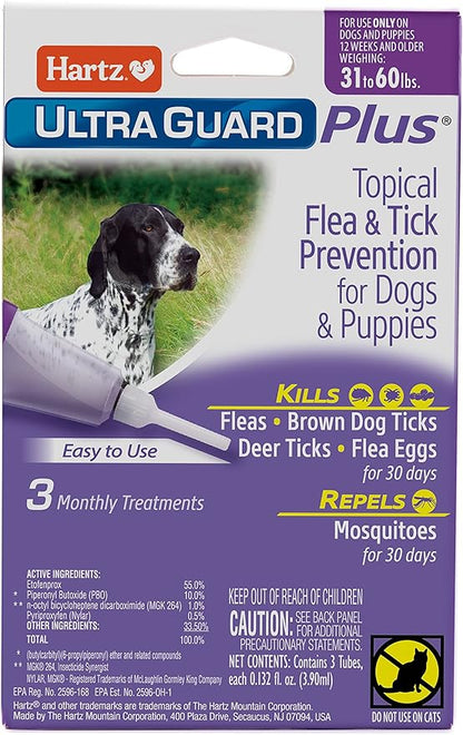 Hartz UltraGuard Plus Topical Flea & Tick Prevention for Dogs and Puppies - 31-60 lbs, 3 Monthly Treatments