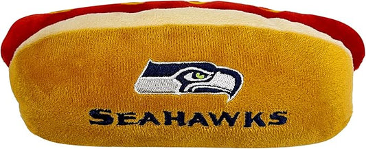 Pets First NFL Seattle Seahawks HOT Dog Plush Dog & CAT Squeak Toy - Cutest HOT-Dog Snack Plush Toy for Dogs & Cats with Inner Squeaker & Beautiful Football Team Name/Logo 8 x 5 x 3 Inches