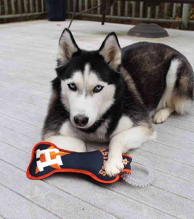 MLB Houston Astros Bone Shaped Dental Dog TUG Toy with Squeaker. Tough PET Toy for Healthy Fun, Teething, and Cleaning pet's Teeth and Gum.