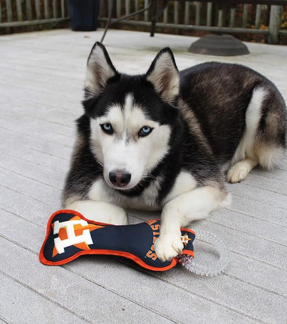 MLB Houston Astros Bone Shaped Dental Dog TUG Toy with Squeaker. Tough PET Toy for Healthy Fun, Teething, and Cleaning pet's Teeth and Gum.