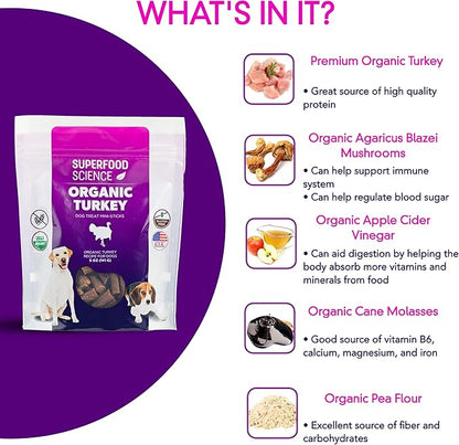 Organic Dog Treats for Small, Medium, and Large Breeds, Semi-Soft Organic Turkey Dog Training Jerky Snack Bites, All-Natural & Gluten-Free, Immunity & Hypoallergenic recipe, 5 oz
